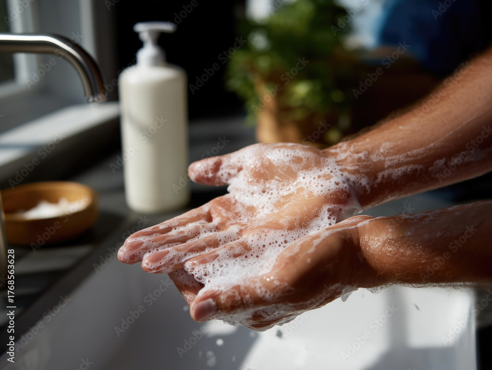Fototapeta premium Washing hands with soap at a sink in a bright kitchen to maintain hygiene