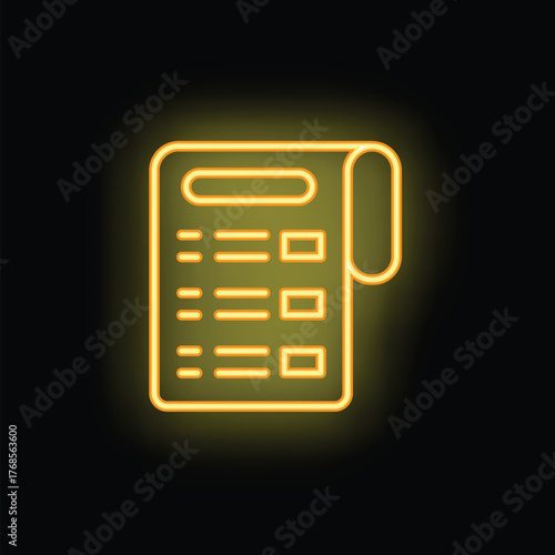 Bright yellow neon icon of a document with text and checkboxes is glowing on a black background