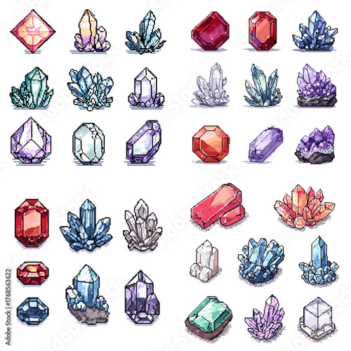 Elegant line art of gemstones and crystals in various cuts and colors. Perfect for tattoo design, jewelry concepts, or fantasy illustration projects.