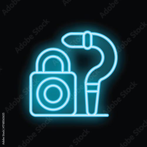 Neon glowing padlock with question mark is representing data protection and security issues