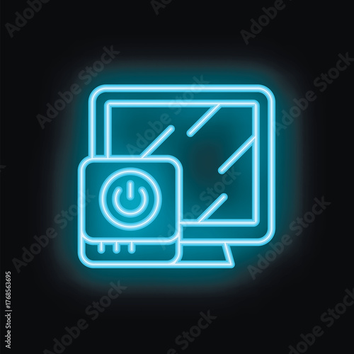 Neon icon of a computer displaying a power button, representing the concept of turning on or activating a device