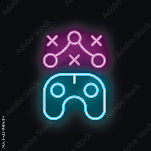 Neon gamepad icon glowing on a dark background, symbolizing strategic gameplay in online gaming