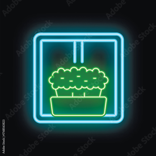 Neon sign of a potted plant on a window sill is glowing brightly against a dark background