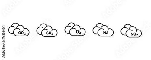  CO2, NO2, O3, SO2, PM emission and particulate matter polluted cloud icon. air pollution icon set png and vector illustration on transparent background