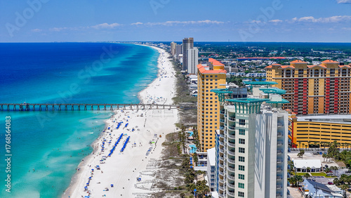 Aerial landscape of white sand beach resort on summer day in Panama City Beach Florida panhandle
