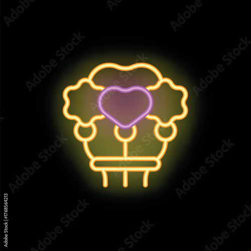 Bright neon sign glowing in the dark, symbolizing love, romance, and affection with a prominent heart shape