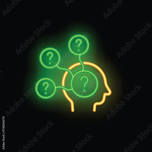 Neon sign illustrating the concept of thinking with a human head silhouette and question marks
