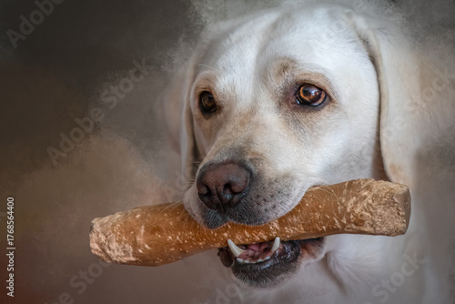 Sweet Yellow Labrador Retriever Puppy Holding Favorite Rawhide Chew Stick Bone