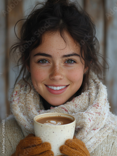 Young woman enjoys warm drink in cozy setting during winter