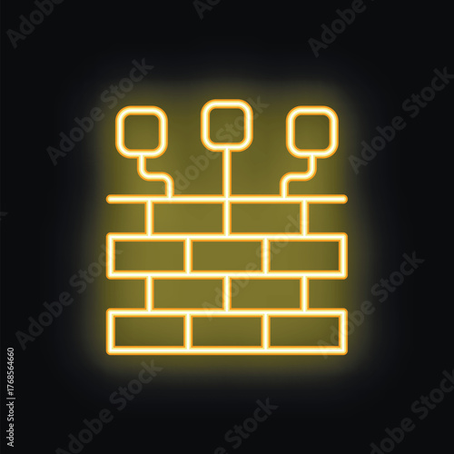 Neon yellow icon of a firewall protecting a system with three sockets, on a black background