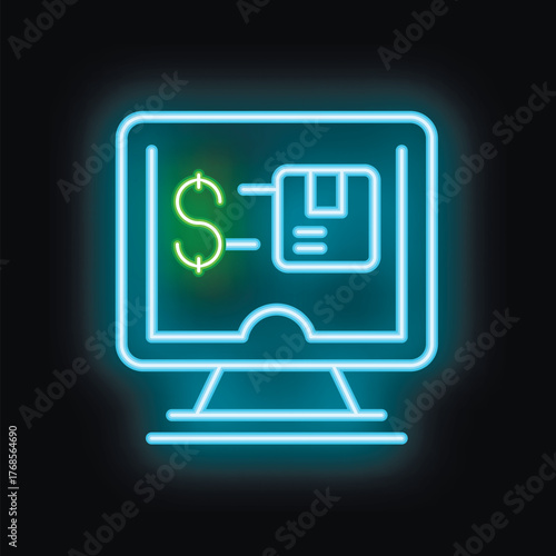 Neon sign illustrating online payment process for delivery service with dollar sign and cardboard box