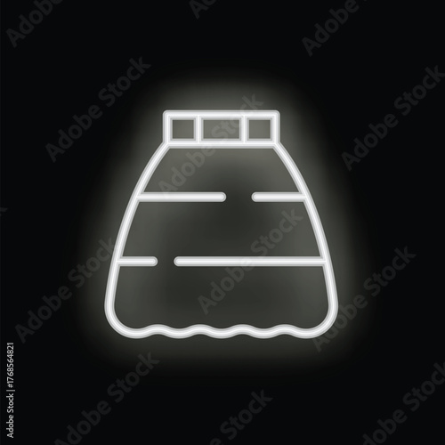 White neon sign depicting a skirt with a wide waistband, glowing on a black background