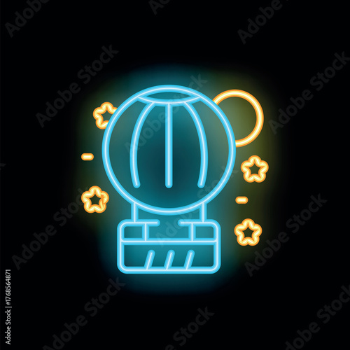Neon hot air balloon flying in the night sky, surrounded by shining stars and a crescent moon, creating a magical and dreamy atmosphere