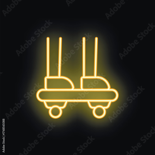 Yellow neon sign representing a pair of roller skates hanging on a wall with a dark background
