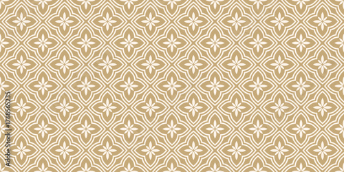 Golden vector floral ornament in oriental style. Elegant seamless pattern with flowers, tiles. Simple abstract minimal ornate background. Gold repeated texture. Allover design for print, wallpapers