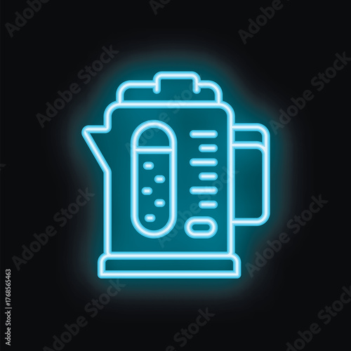 Blue neon sign of an electric kettle glowing on black background