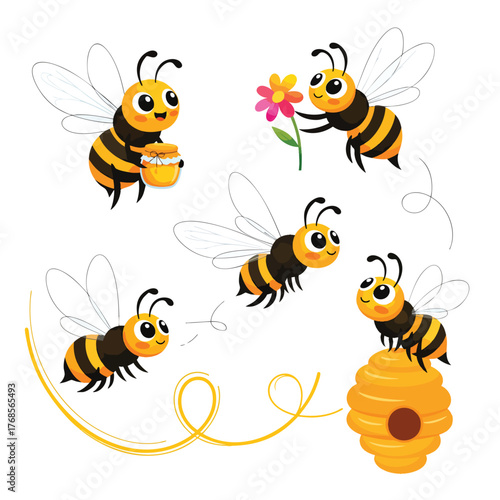 A charming collection of cute cartoon honey bees in various poses holding a flower a honey pot and sitting on a beehive.