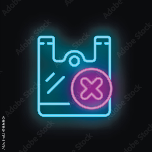 Neon style icon representing the banning of plastic bags, promoting environmental protection and sustainability