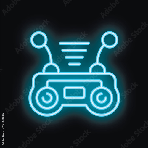 Blue neon icon of a remote control with antenna emitting signal on black background