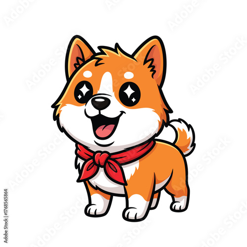 A cute cartoon Shiba Inu puppy with sparkling starshaped eyes and a red bandana smiling happily.