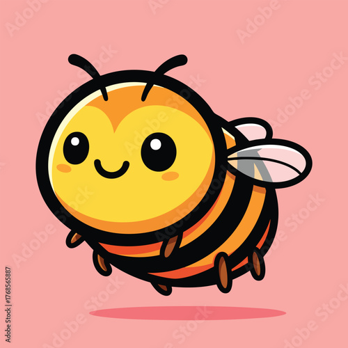A cute chubby cartoon bee with big eyes and a happy smile flying midair.