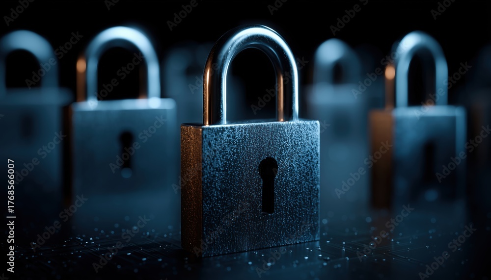 Fototapeta premium Protect Your Information: Lock Mark Cybersecurity Measures To Secure Data And Prevent Cyber Attacks And Viruses From Hacking Your System.