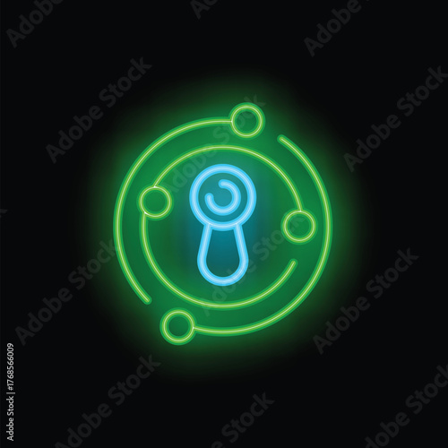 Blue and green neon sign representing a virtual reality app, with a vr headset at the center and connections surrounding it