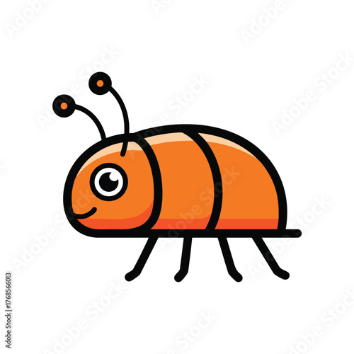 A cute smiling orange cartoon bug with black stripes six legs and round antennae.