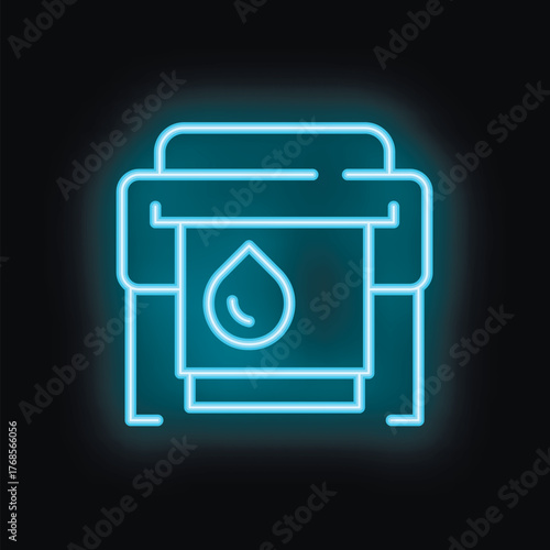 Glowing neon line icon of a printer cartridge showing ink level printing on black background