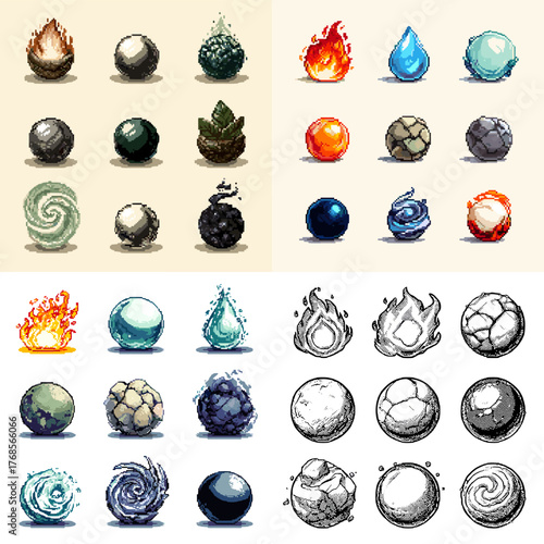 Vibrant pixel art of elemental orbs representing fire, water, air, and earth powers. Perfect for RPG game design, magic icons, or fantasy spell art.