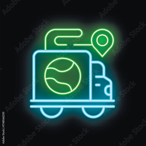 Neon icon of a delivery truck carrying a package around the world, representing international shipping and global logistics