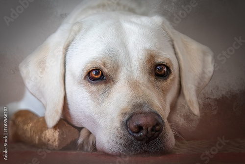 Peaceful Yellow Labrador Dog Resting Quietly Indoors with Intense Brown Eyes