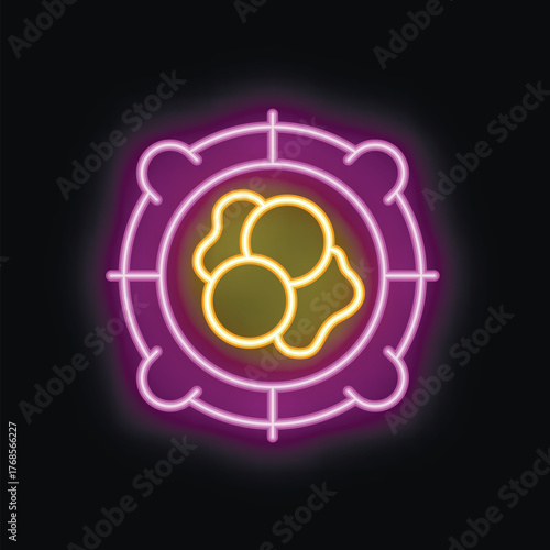 Neon icon of cells being targeted, representing innovative cancer treatments and medical breakthroughs