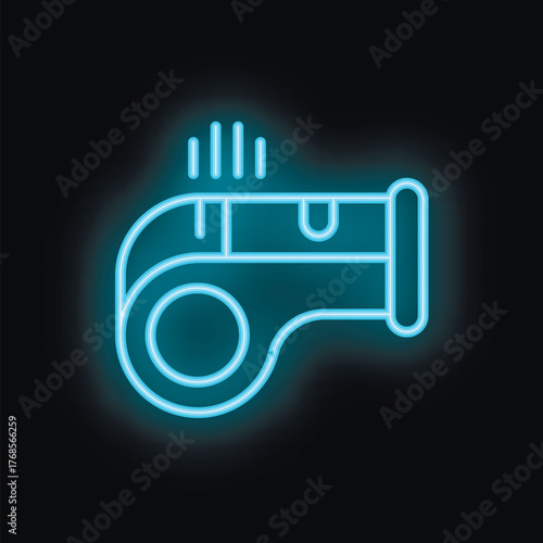 Blue neon sign icon of a whistle blowing, creating a bright visual alert