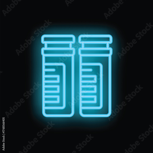 Neon blue glowing outline of two medicine bottles on black background
