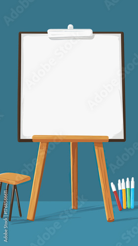 Blank whiteboard on wooden easel with markers and stool in minimalist office or classroom setting for presentations and brainstorming sessions vector illustration