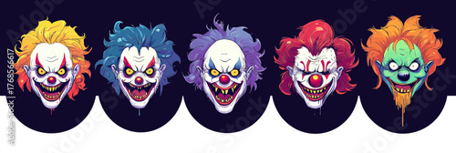 Set of five cartoon horror clown faces with evil smiles colorful hair Halloween scary circus monsters vector illustration in flat minimalist style