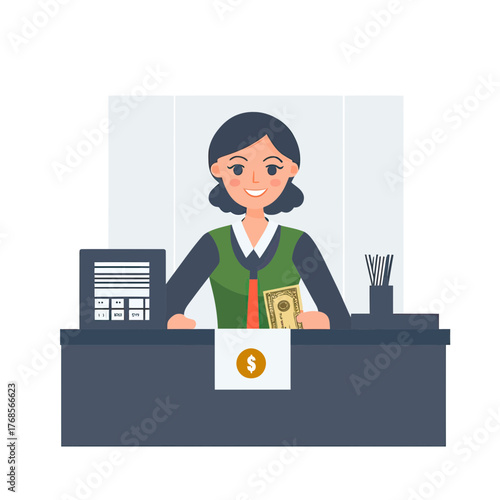 Smiling female bank cashier handling cash money transaction at service counter with calculator and pen holders flat vector illustration