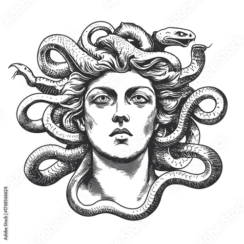 Medusa Head with Detailed Snakes Hair Illustration Classic Greek Mythology Vector Engraving Style Black and White Drawing of Woman Face with Serpents