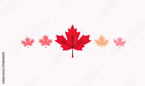 Row of stylized maple leaves in varying shades of red and orange with central large bright red leaf isolated on white background vector illustration autumn Canadian symbol design