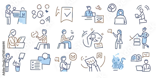Hand drawn doodle icons of business activity including communication, teamwork, office work, online messaging, and task management in minimalist line art style vector illustration