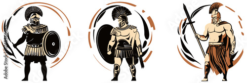 Three Ancient Greek Spartan Warriors in Armor with Helmets, Shields, Spear, and Red Cape, Flat Minimalist Vector Illustration Set with Circular Abstract Background Elements