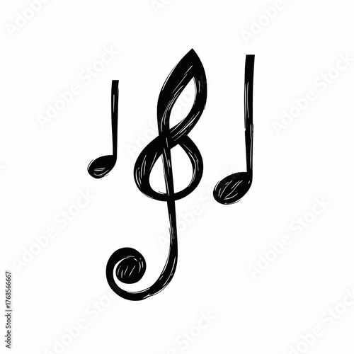 Hand drawn black music note and treble clef sketch with melodic musical symbols isolated on white background vector illustration
