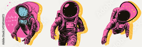 Surreal retro astronaut set with pink space suits and black reflective helmets in minimalist flat vector style with colorful halftone highlights and abstract backgrounds