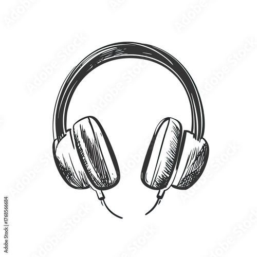 Hand drawn sketch of wired over ear headphones with padded ear cushions and headband isolated on white background in doodle style vector illustration