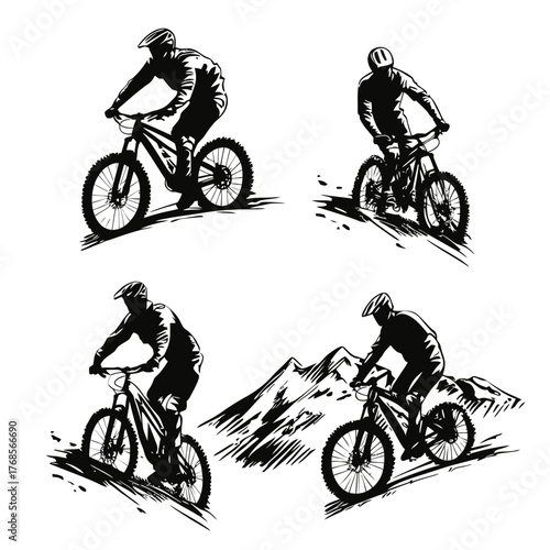 Black and white vector mountain bikers riding downhill and uphill on rugged terrain with mountain landscape background minimalist flat illustration
