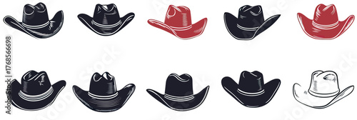 Collection of cowboy hat icons with flat minimalist style in black red and white colors, linear and silhouette designs for western wear fashion and accessories set