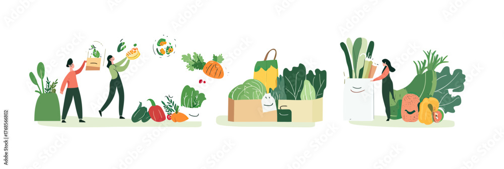 Fototapeta premium People selecting fresh organic vegetables and groceries, shopping bags filled with healthy food, minimalist flat vector illustration for online grocery shopping concept
