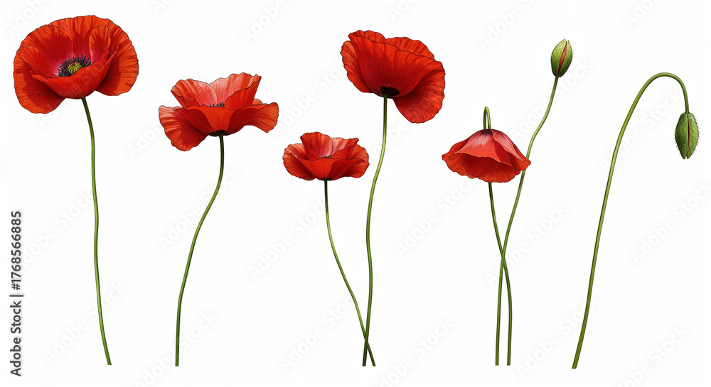 Fototapeta premium Collection of Red Poppies and Buds on White Background poppy flower