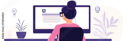 Back view woman with bun hairstyle and glasses working on computer filling out personal data form at desk in minimalist office workspace vector illustration